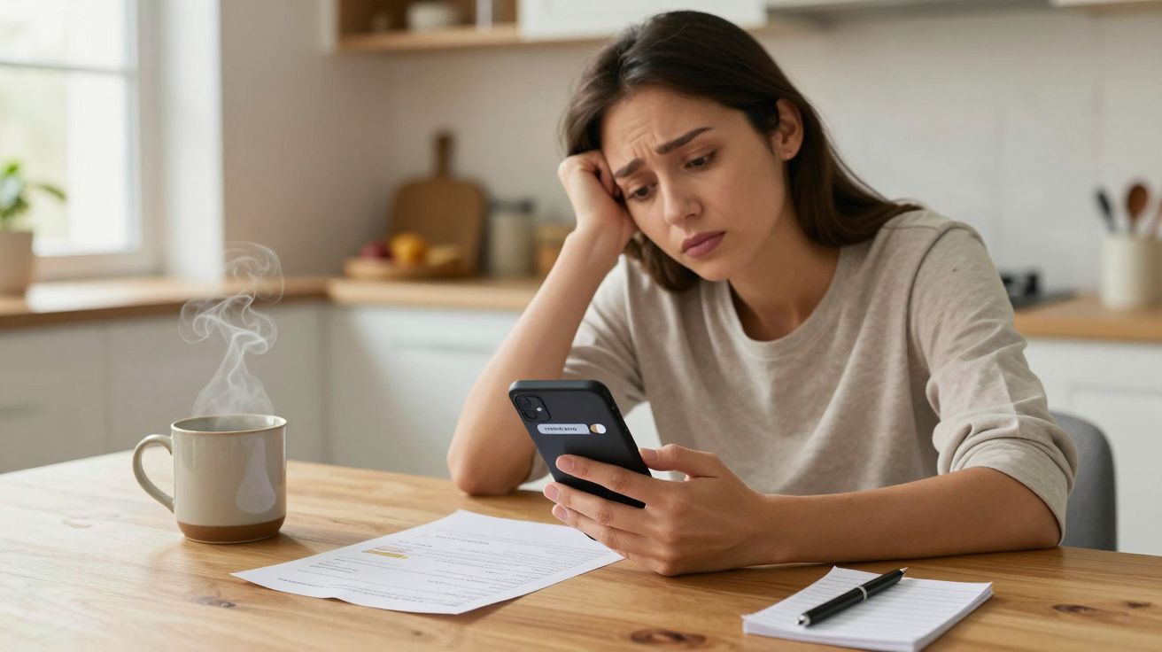 Woman looking worriedly at smartphone, sitting at table with documents, notepad, pen, and steaming mug in a kitchen.