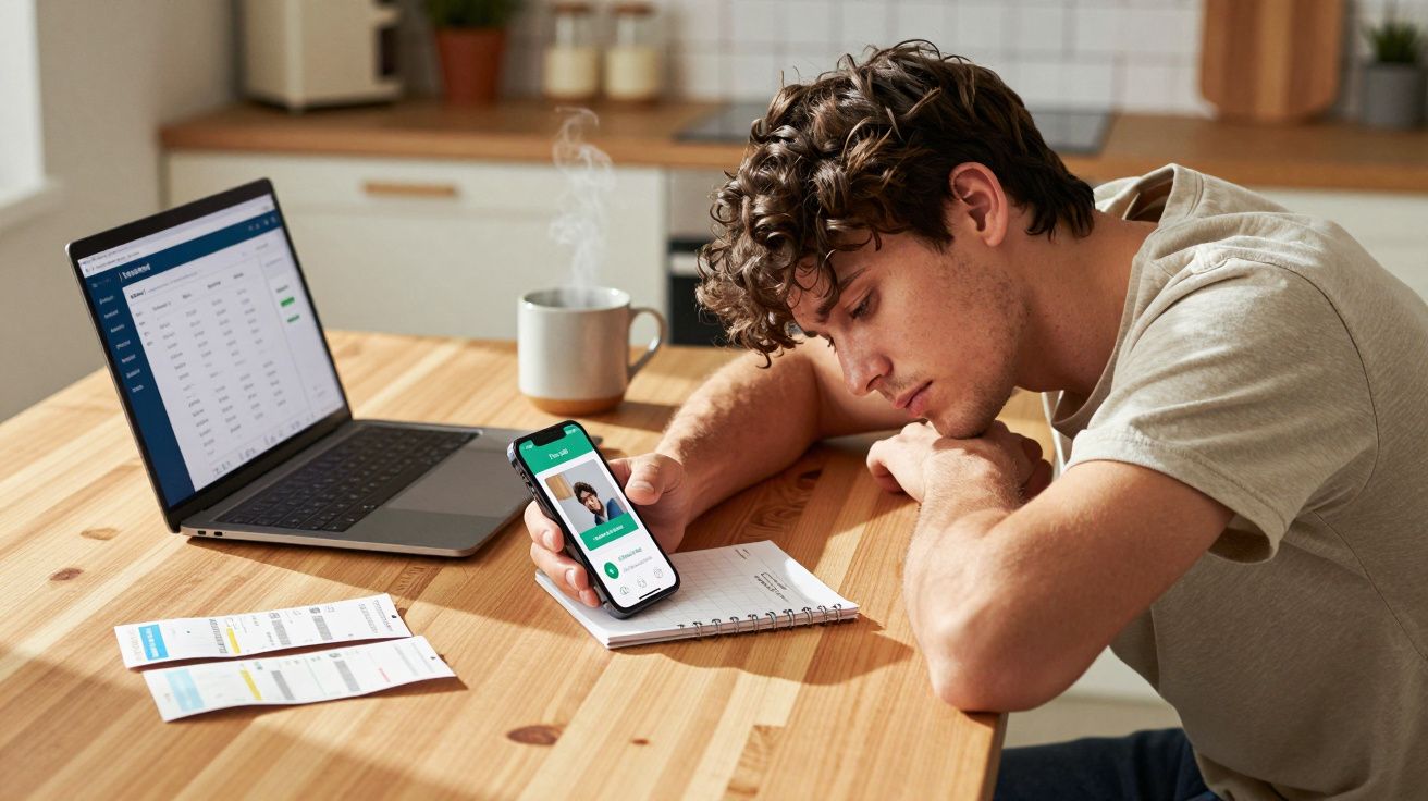 Man looking at a smartphone while sitting at a table with a laptop, notebook, and coffee mug in a kitchen setting.