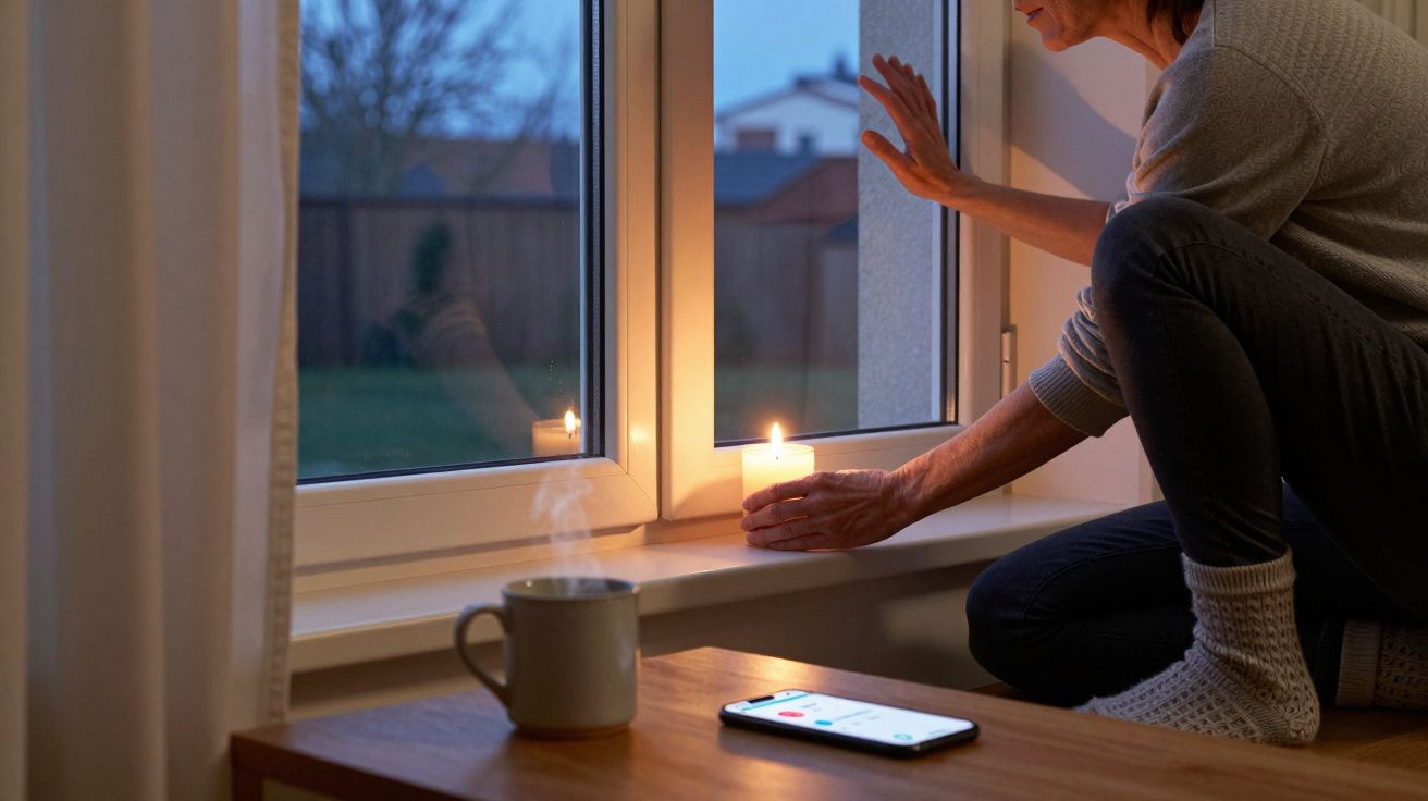 A person places a candle on a windowsill at dusk, with a phone and steaming mug on the table nearby.