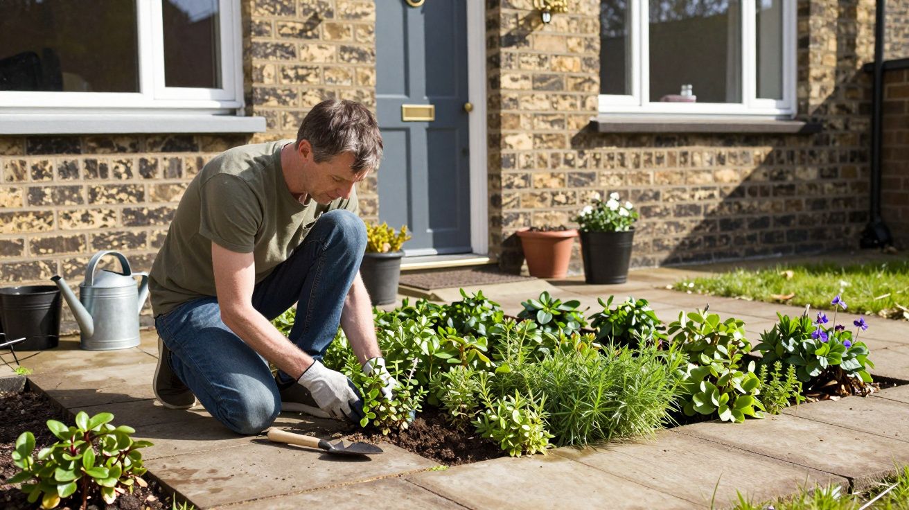 Man gardening in front of a brick house, planting green shrubs on a sunny day.