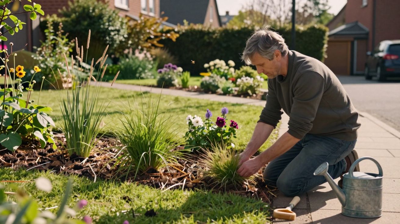 Man gardening in suburban garden, planting flowers with a watering can and trowel beside him on a sunny day.