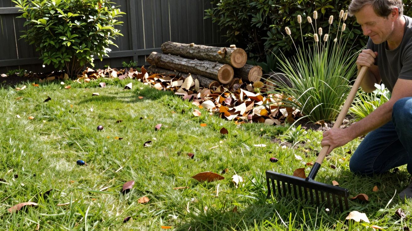 Man raking fallen leaves on grass, logs stacked in the background, with a lush garden and fence behind.