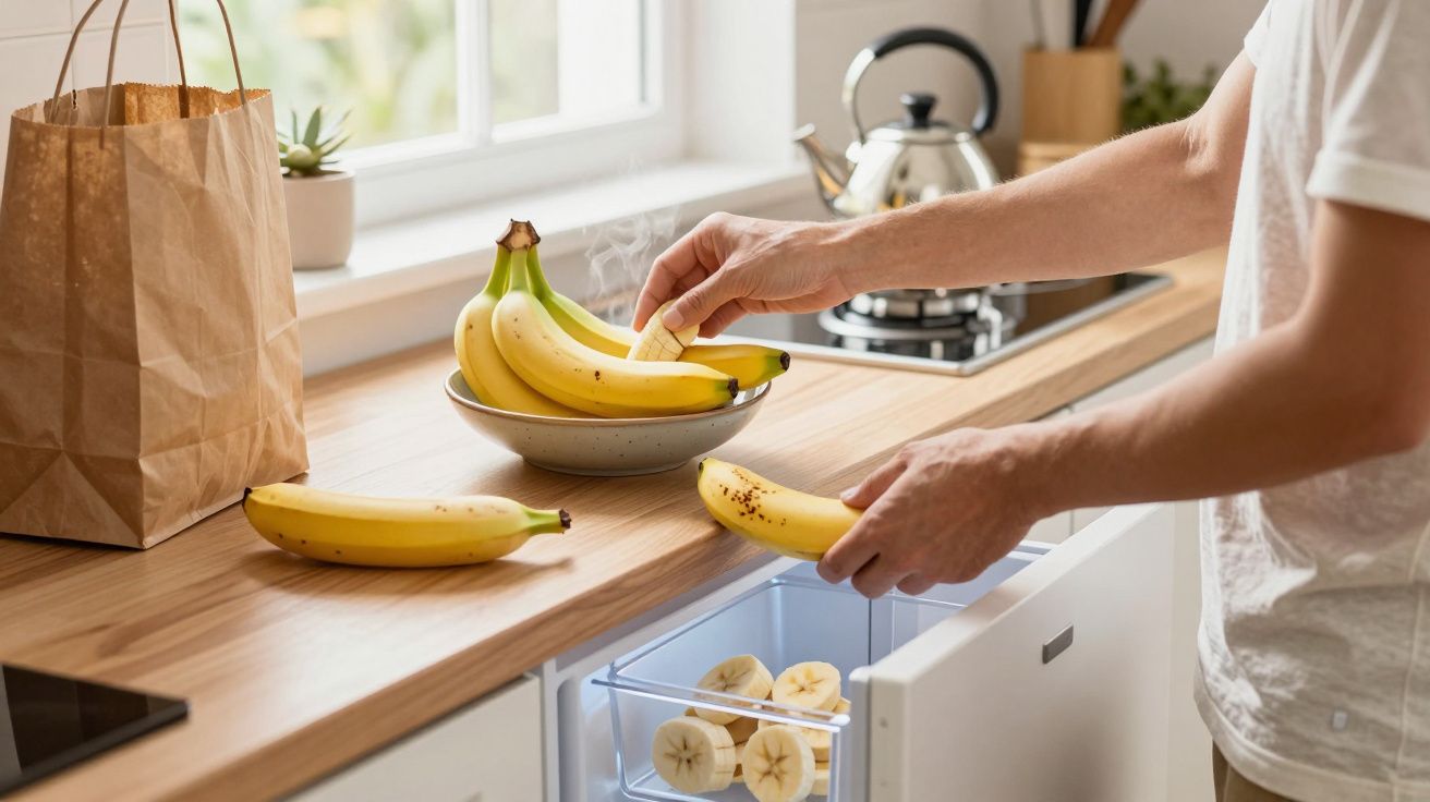 A person placing bananas on a kitchen counter near a paper bag, with sliced bananas stored in a drawer.