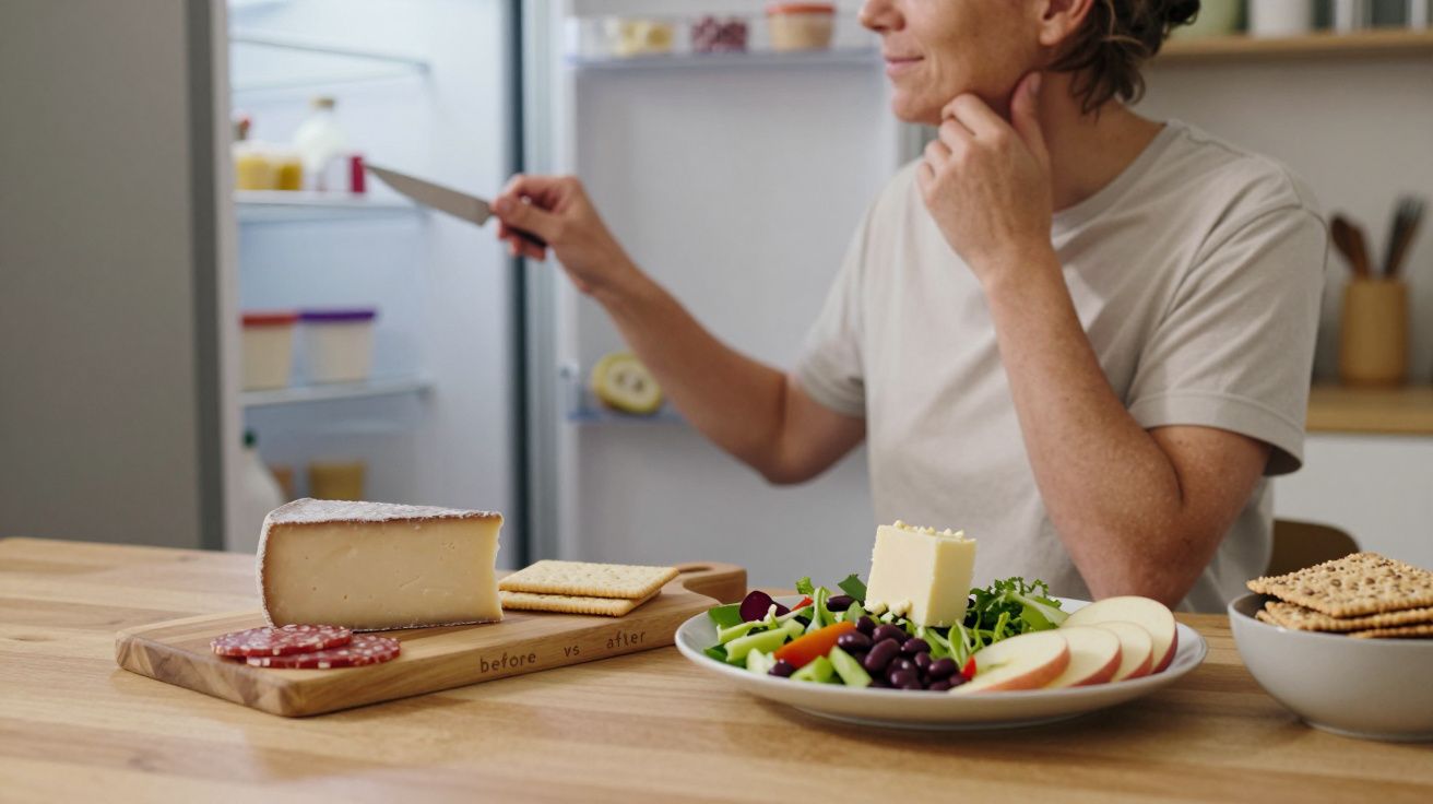 A person in a kitchen sits by a table with cheese, salad, apples, and crackers, fridge door open in the background.