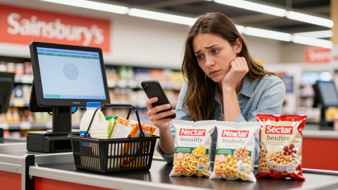 Woman at self-checkout in Sainsbury's, looking at her phone with a basket and snacks on the counter.