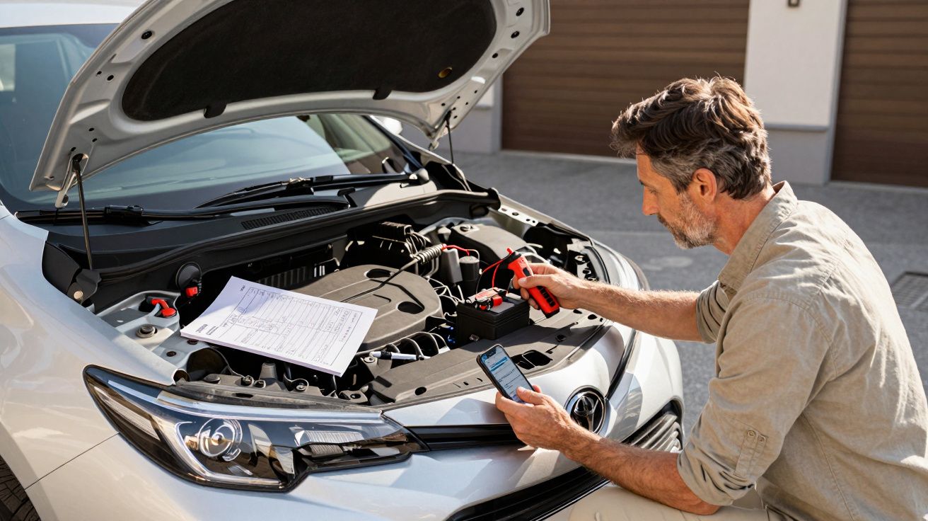Man checking a car engine with jumper cables; holding a phone, open bonnet, paperwork on the engine.