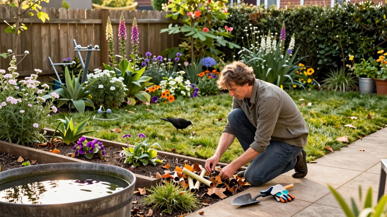 Man gardening in a blooming garden, kneeling on grass with tools nearby, surrounded by colourful flowers and plants.