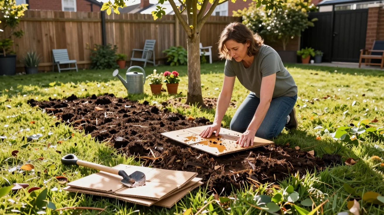 Person gardening in a sunlit yard, placing cardboard over soil near tree, with tools and plants nearby.
