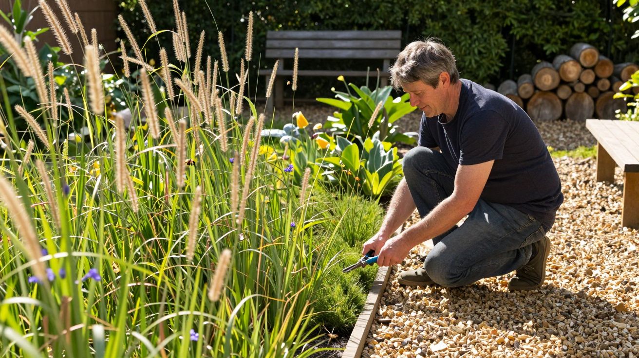 Man kneeling on gravel, trimming plants in a garden, with a wooden bench and log stack in the background.