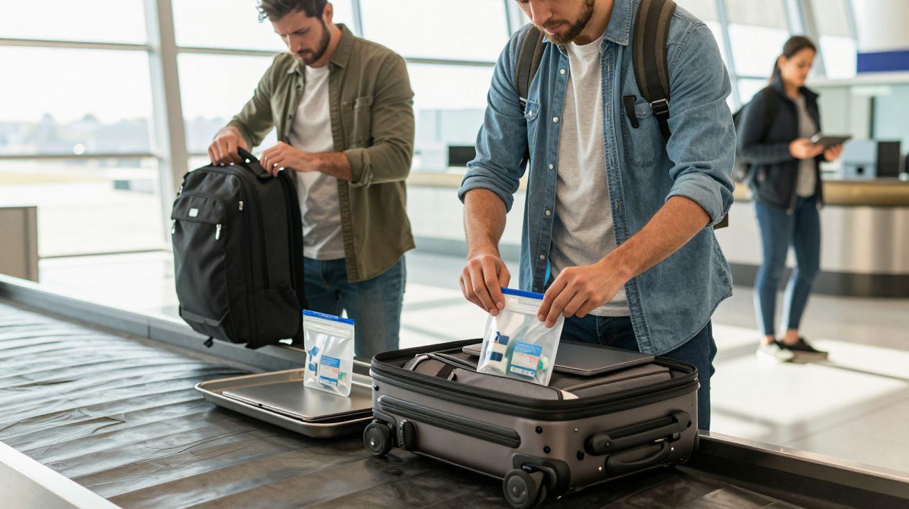 Travellers at airport security placing toiletry bags into open suitcases on the conveyor belt, with a woman in the background