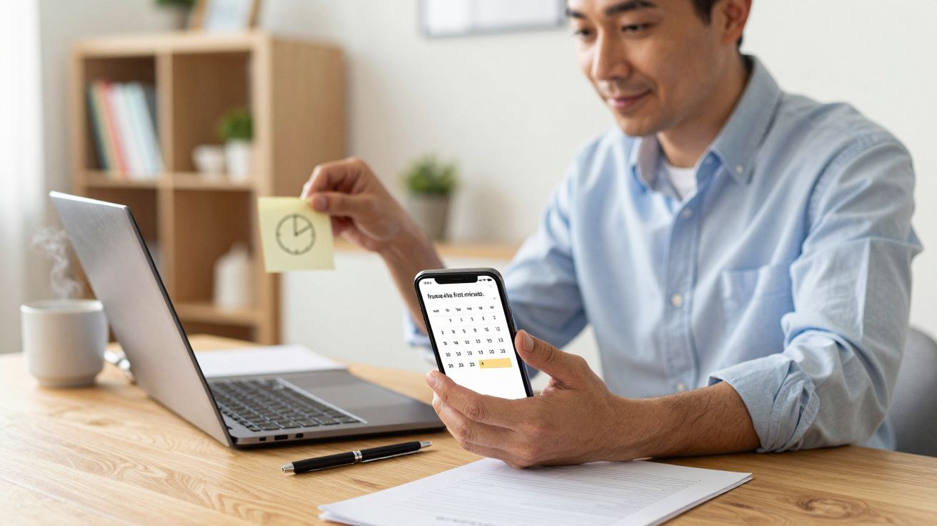 Man using smartphone calendar app at desk with laptop and sticky note reminders.