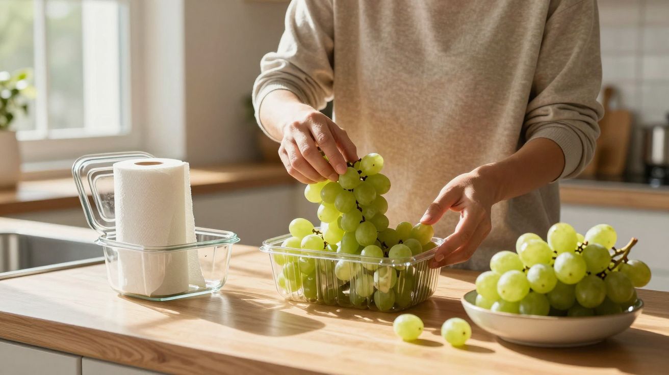 Person in kitchen handling green grapes on a wooden countertop, with a glass container and paper towel nearby.