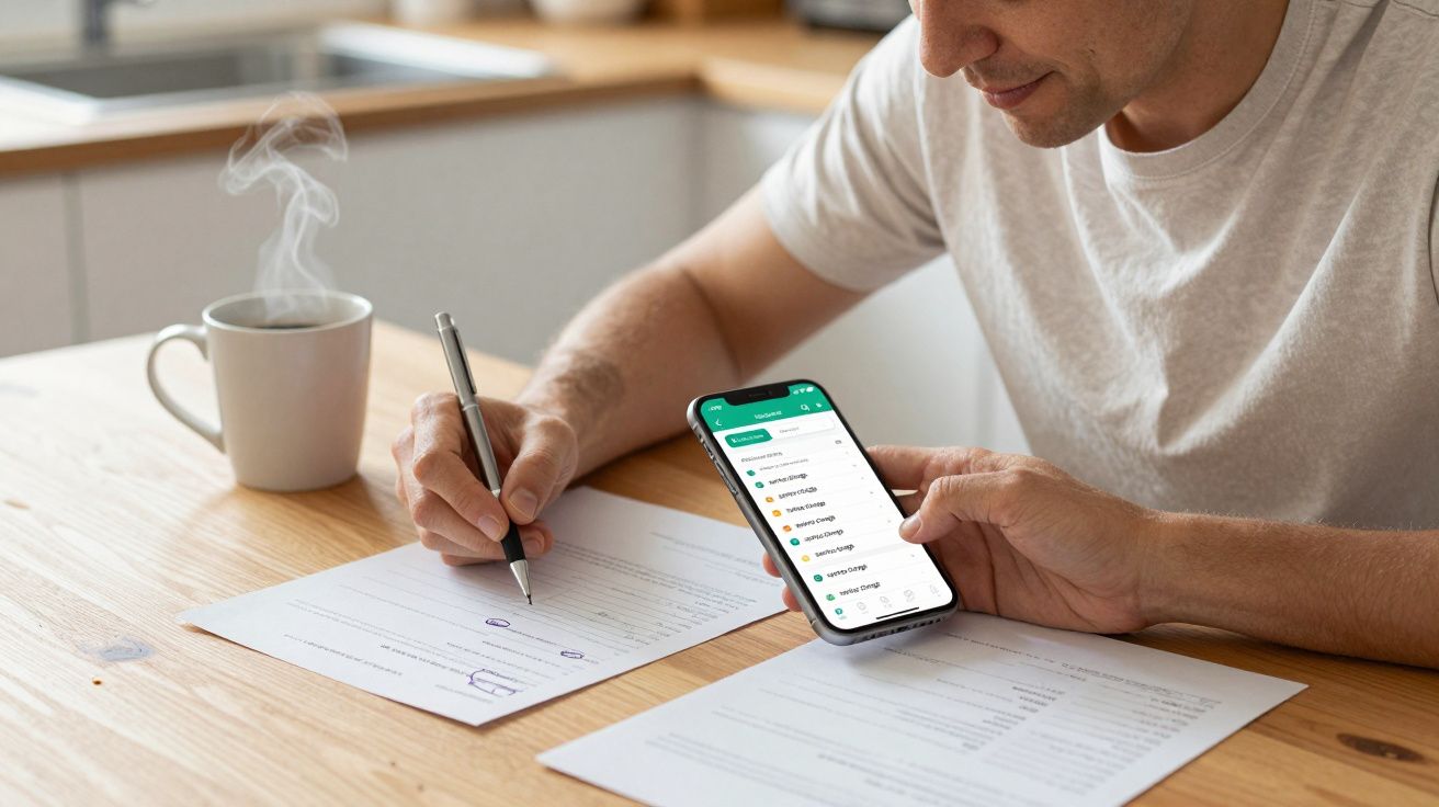 Man writing on paper while checking smartphone at a wooden table with a steaming mug nearby.