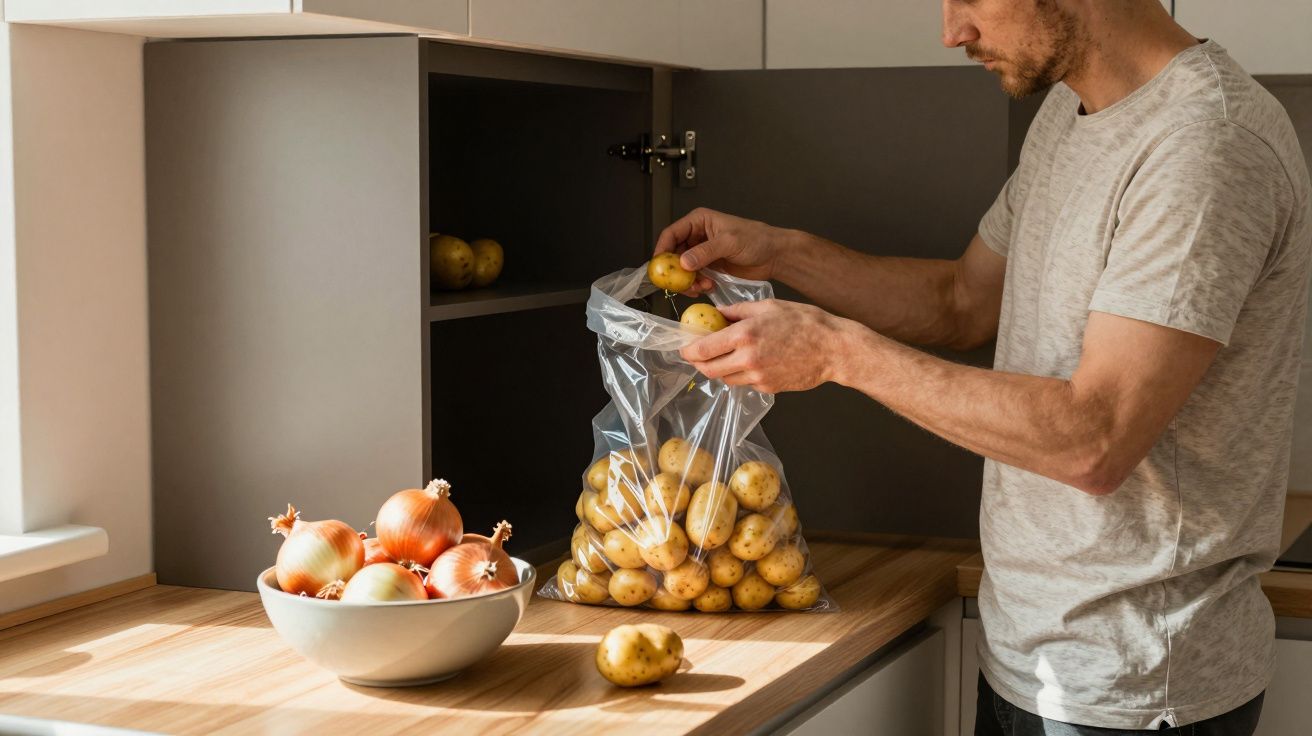 Man in kitchen placing potatoes in a clear bag, with a bowl of onions on the counter.