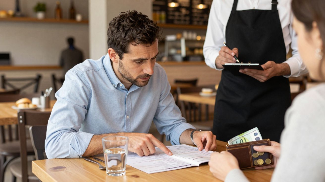 Man reading a document at a restaurant table, pointing, with a waiter taking notes and a wallet with euro notes visible.