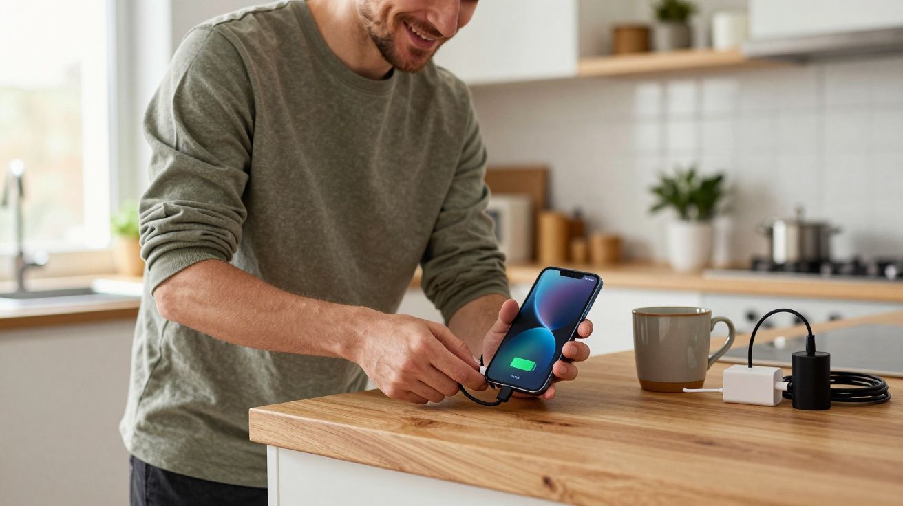 Man in kitchen charging smartphone, smiling, holding device with a charging cable, wooden countertop and mug visible.