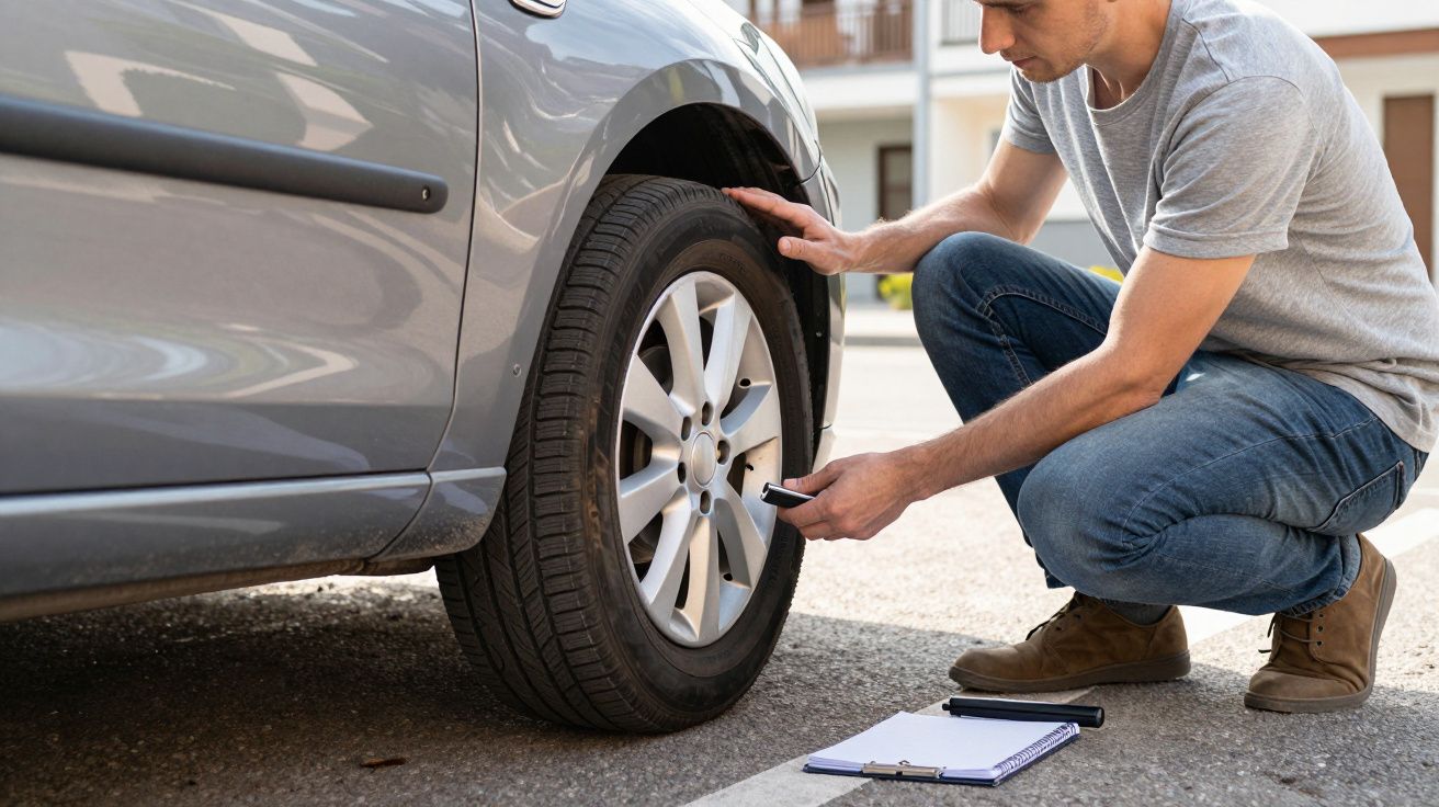 Man checking tyre of a parked silver car with a gauge, clipboard on the ground.