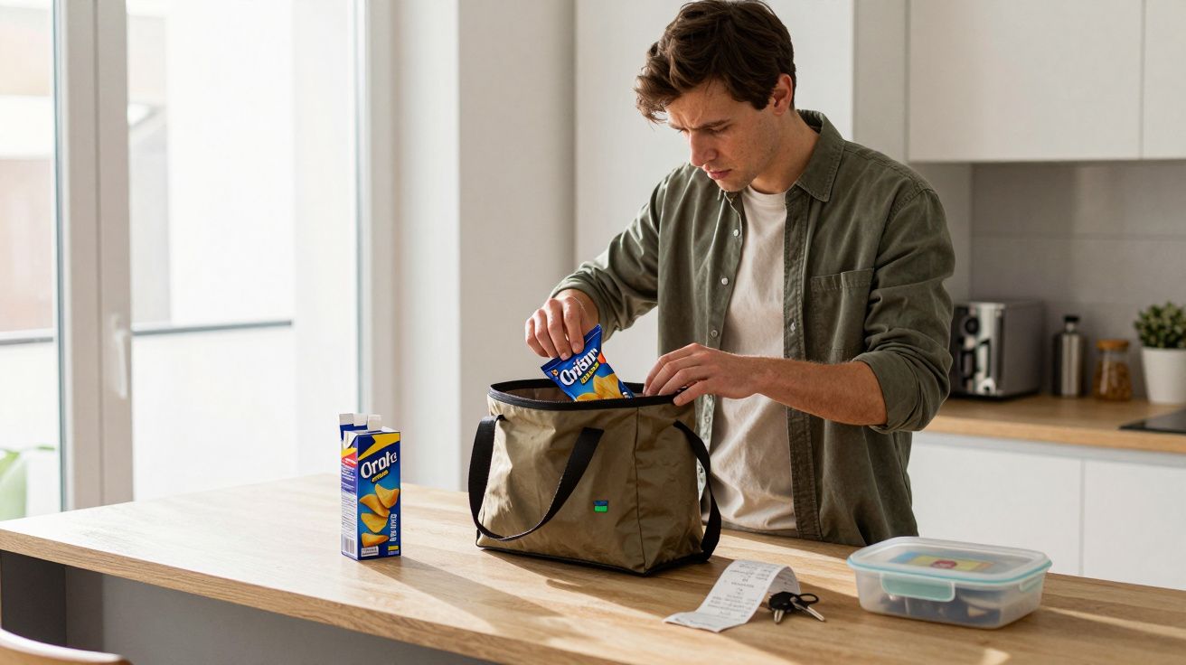 Man packs drinks into a cooler bag on a kitchen counter with a box nearby, alongside keys, a receipt, and a food container.