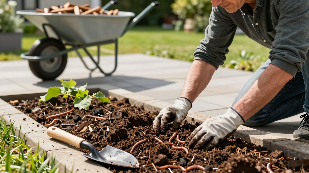 Person gardening, planting seedlings in soil with a trowel; a wheelbarrow in the background.