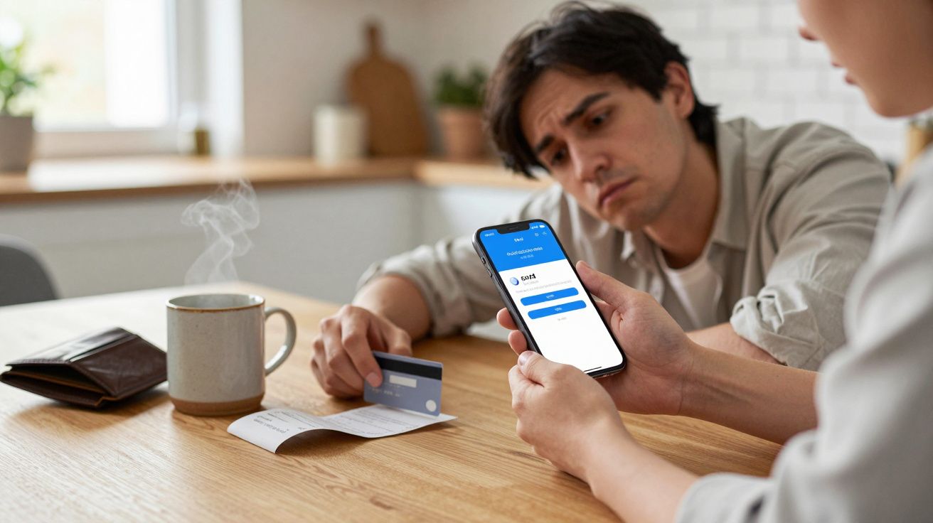 Two people at a table, one holding a phone with an online payment app, the other holding a credit card and receipt.