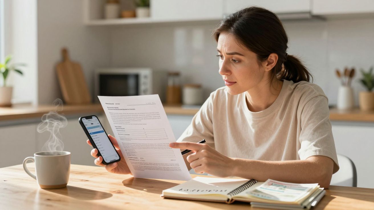 Woman reading a document and smartphone at a kitchen table with a steaming cup of coffee and open notebook nearby.