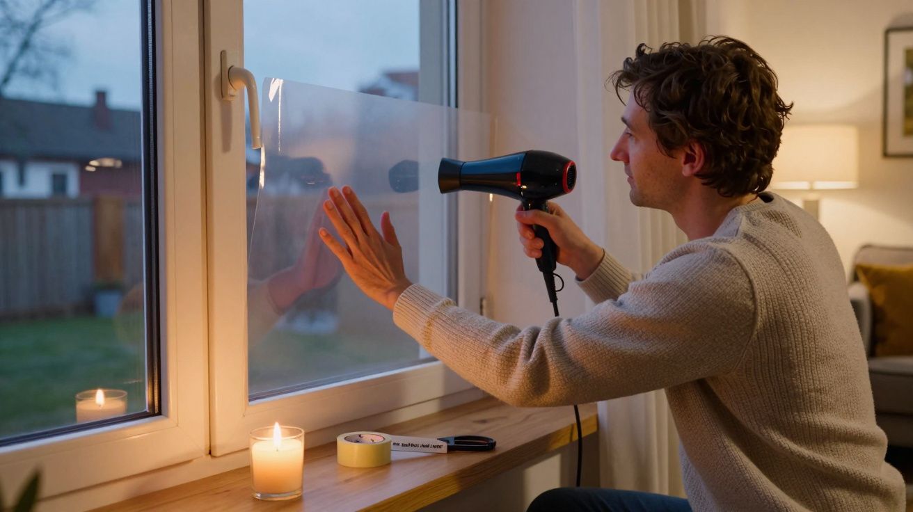 Man using a hairdryer to apply window insulation film indoors, with a lit candle and tools on the windowsill.