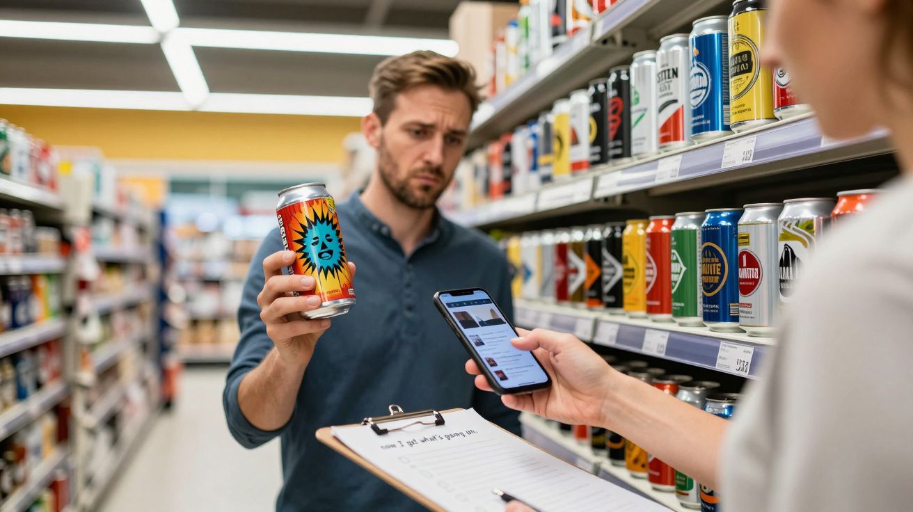 Man in supermarket holding a colourful drink can, looking at a phone held by another person, with shelves of cans behind.
