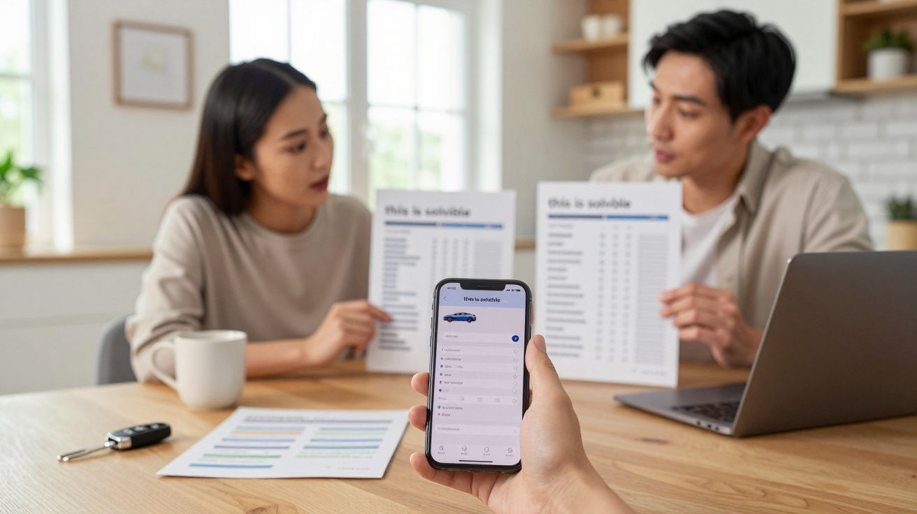 Two people discuss documents while another shows a smartphone screen with similar content at a wooden table.