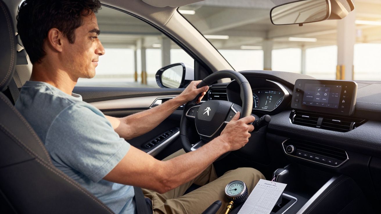 Man driving a car in a bright, modern garage, holding the steering wheel and looking ahead.