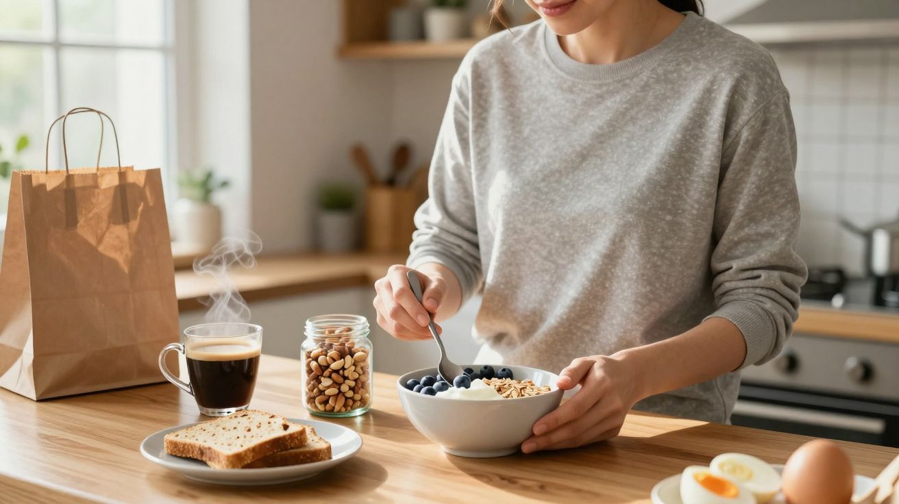 Woman preparing breakfast with yoghurt and blueberries in a kitchen with coffee, nuts, and bread on the counter.