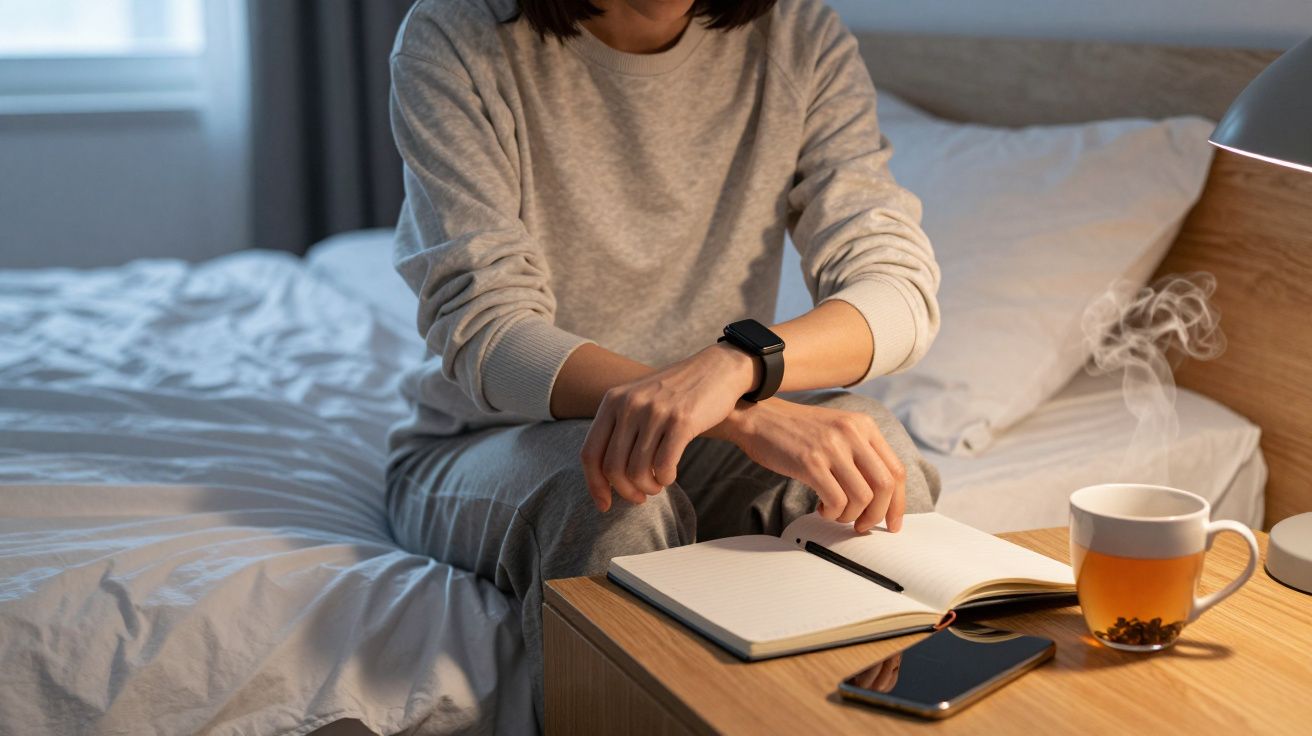 Person sitting on a bed, hands on a notebook, with a steaming mug and smartphone on a bedside table.