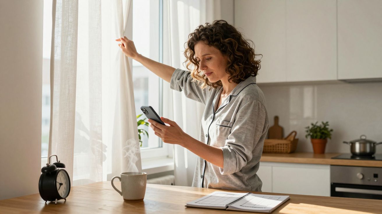 Woman in pyjamas holding phone by window, kitchen background, morning light.