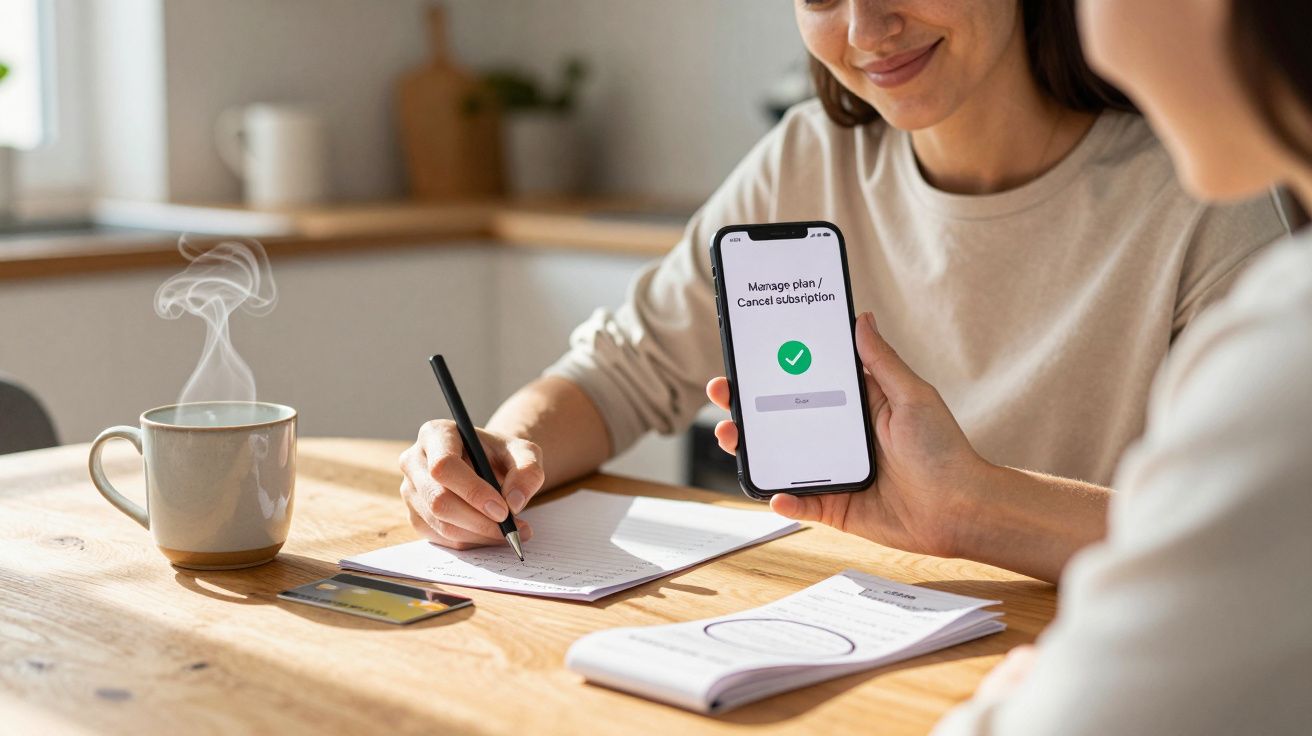 Two people at a table; one holds a phone showing "Manage plan" screen, while the other writes notes.