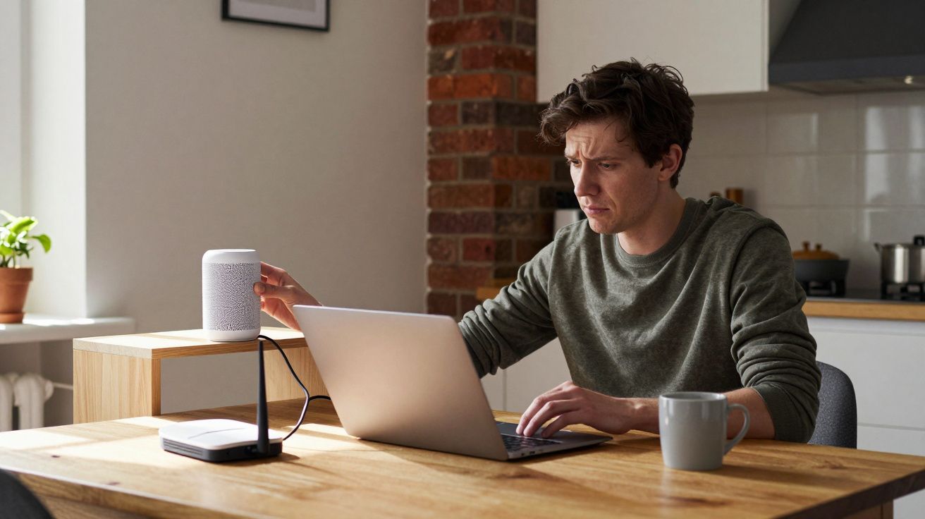 Man at wooden table using laptop, reaching for smart speaker, with mug nearby in a modern kitchen setting.