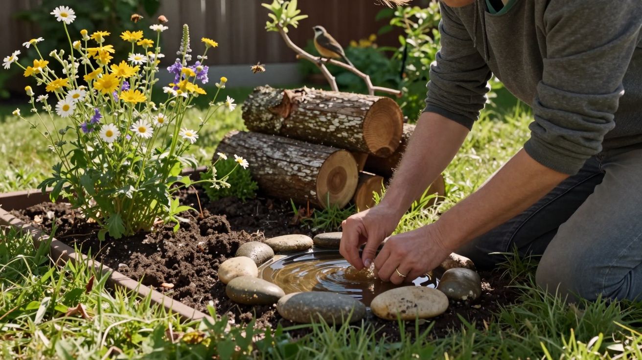 Person building a small wildlife pond with stones and plants in a garden.
