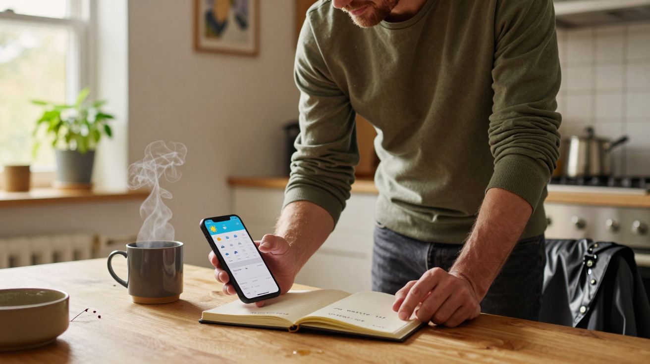 Man using smartphone and writing in notebook at kitchen table with coffee mug.