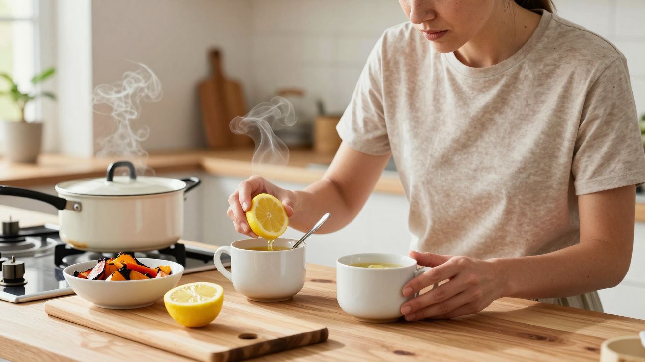 A person squeezing a lemon into steaming cups on a wooden countertop, next to a pot and a bowl of chopped vegetables.