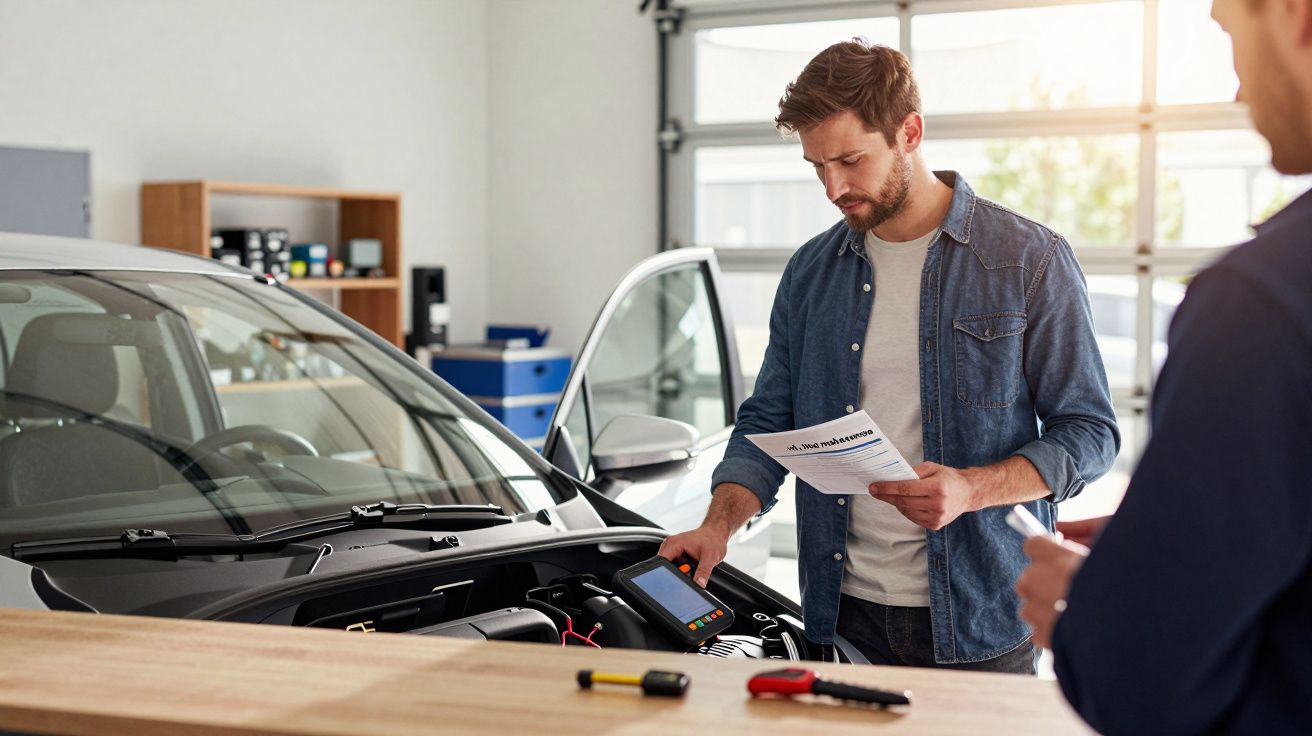 Mechanic examining car engine with diagnostic tool and holding a report in a garage.