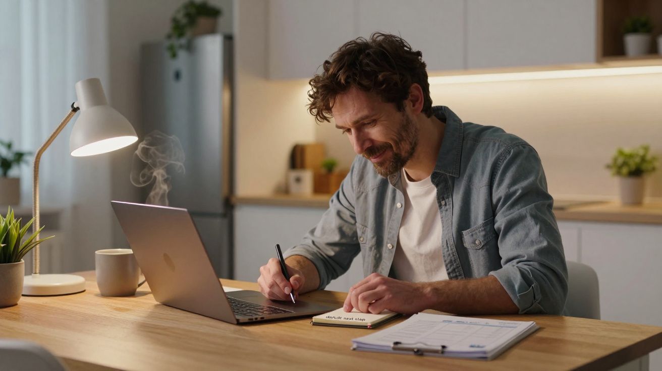 Man writing in notebook at kitchen table with laptop, lamp, and coffee mug nearby.