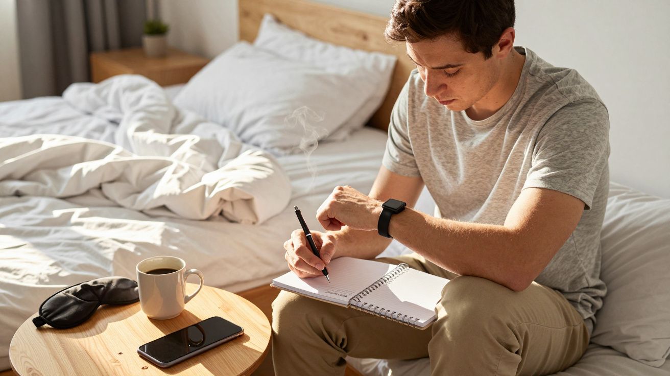 Man writing in a notebook on bed, with a phone and cup on a bedside table.