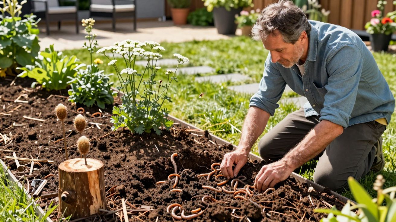 Man gardening, adding worms to soil in a flowerbed, surrounded by green plants and flowers on a sunny day.