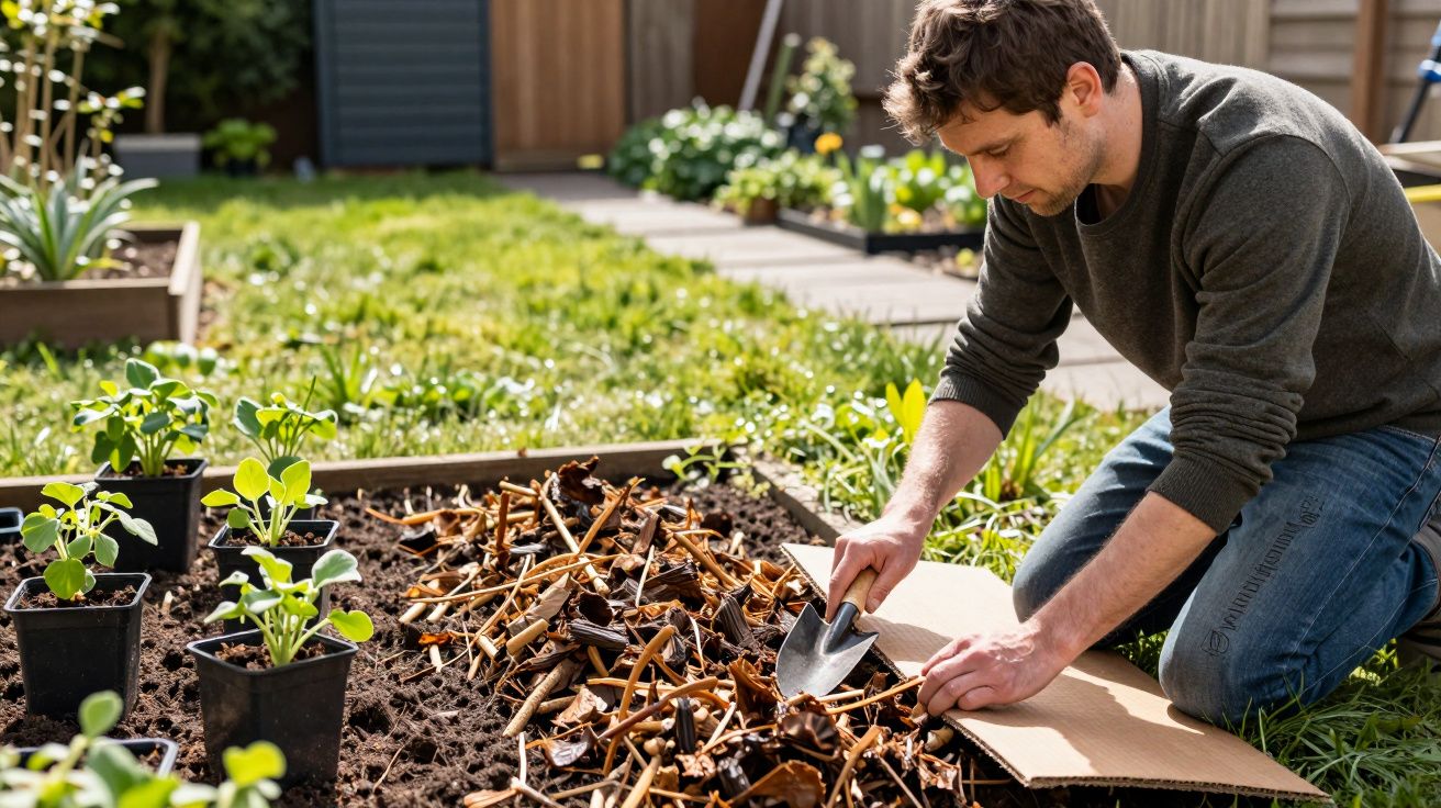 Man gardening, kneeling by a raised bed, using a trowel to spread mulch with plant pots beside him in a lush garden.