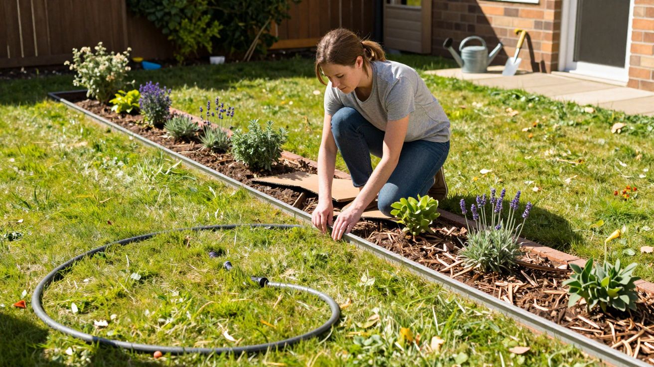 Woman tending a garden bed, surrounded by green grass, with a garden hose and watering can nearby.