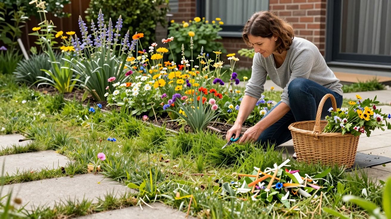 Woman gardening, kneeling by colourful flowers, holding secateurs, with a wicker basket full of flowers beside her.