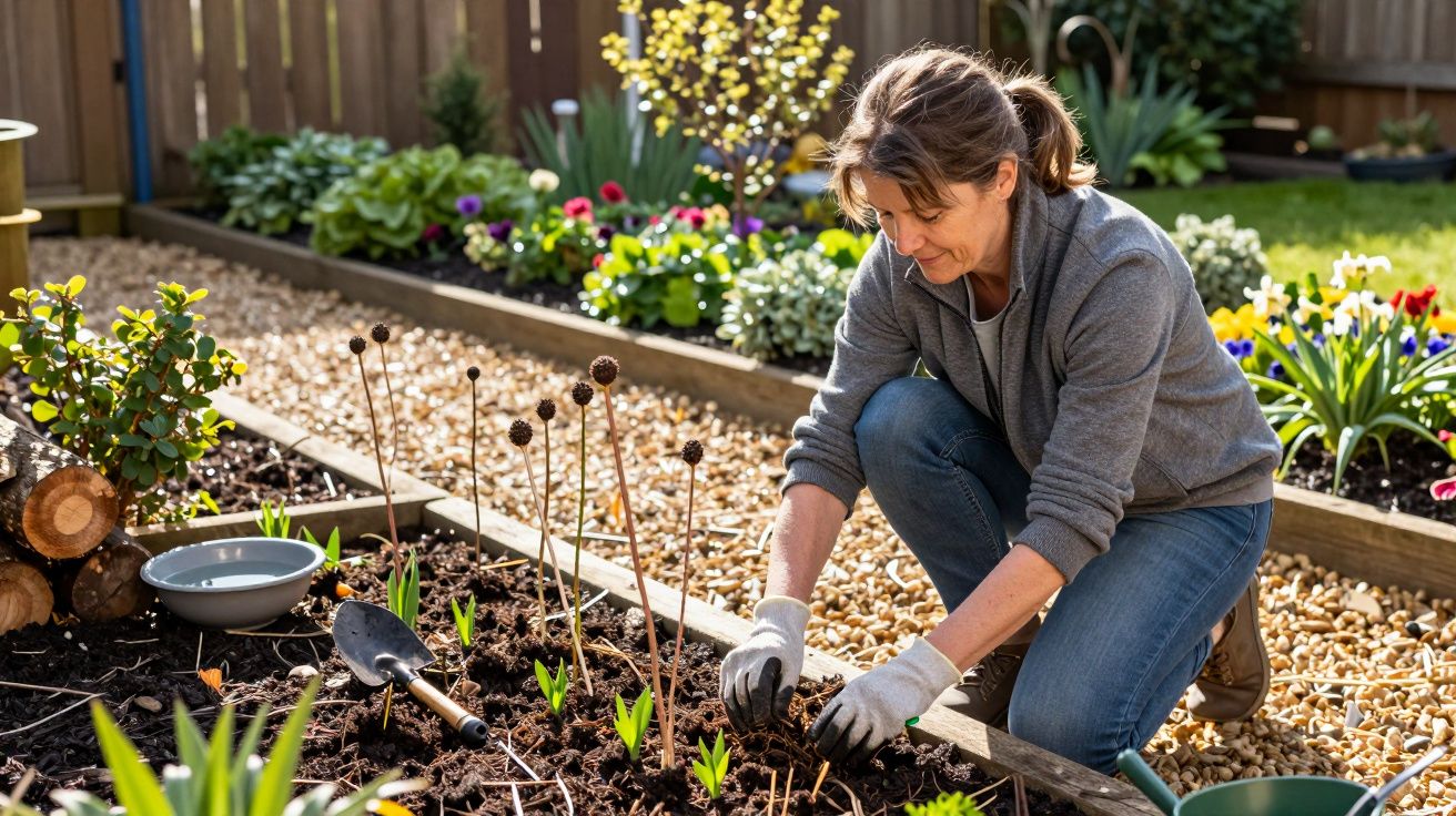 A woman gardening, kneeling in a flower bed, planting small plants, surrounded by blooming flowers and garden tools.