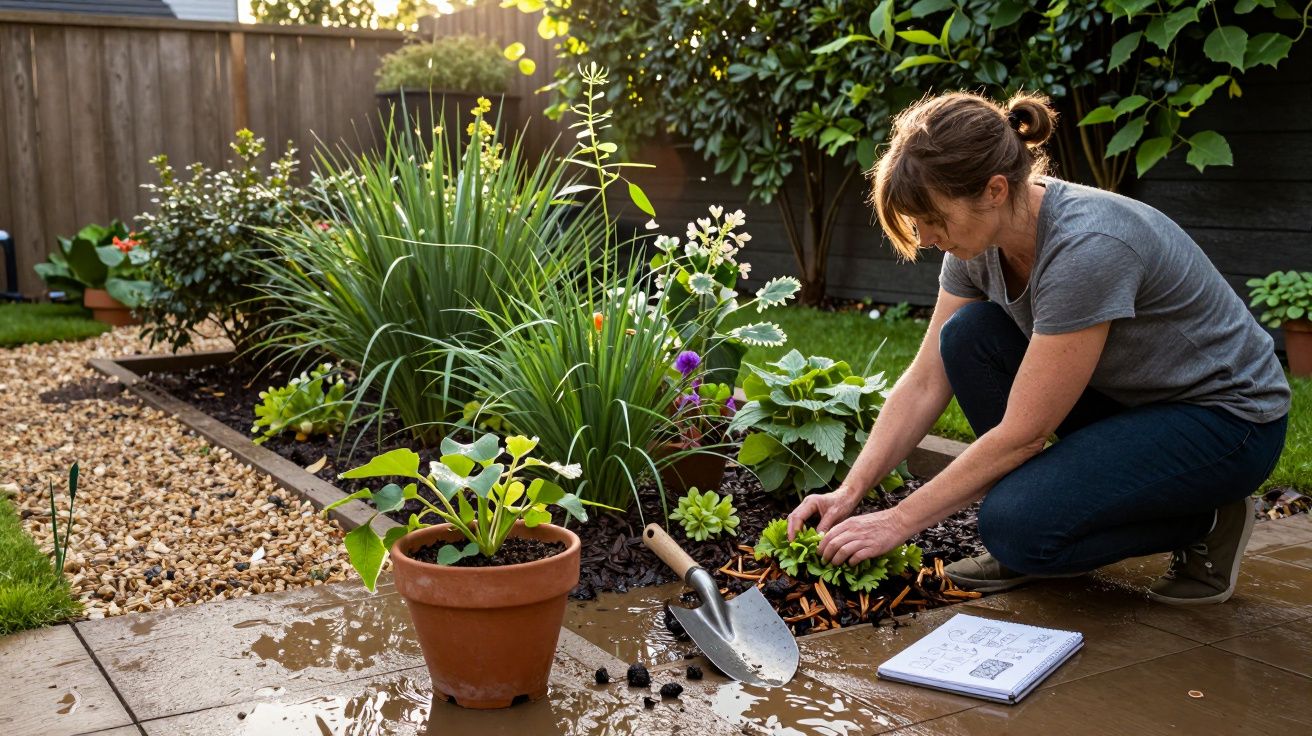 Woman gardening, kneeling by flower bed planting seedlings, with tools, pot, and notebook on wet patio.