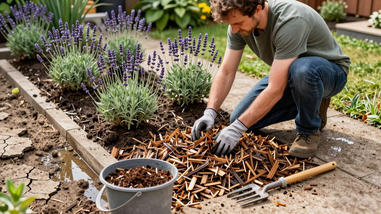 Man wearing gloves mulching garden with lavender in bloom.