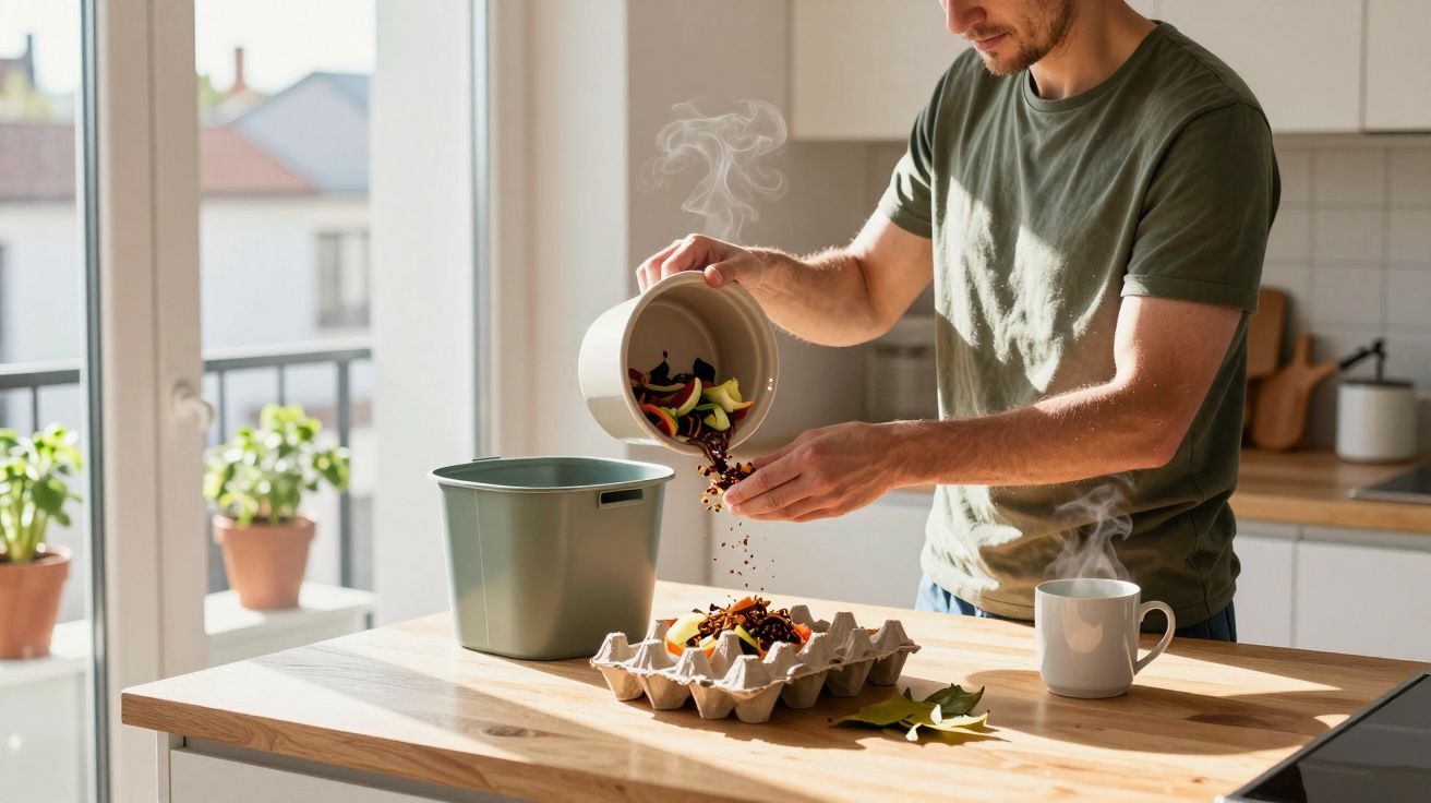 Man composting food scraps into bin on kitchen counter, next to a mug, in a bright, modern kitchen.