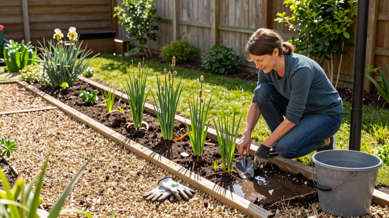 A woman gardening, planting flowers in a neat garden bed, surrounded by gravel, gloves, and a bucket.