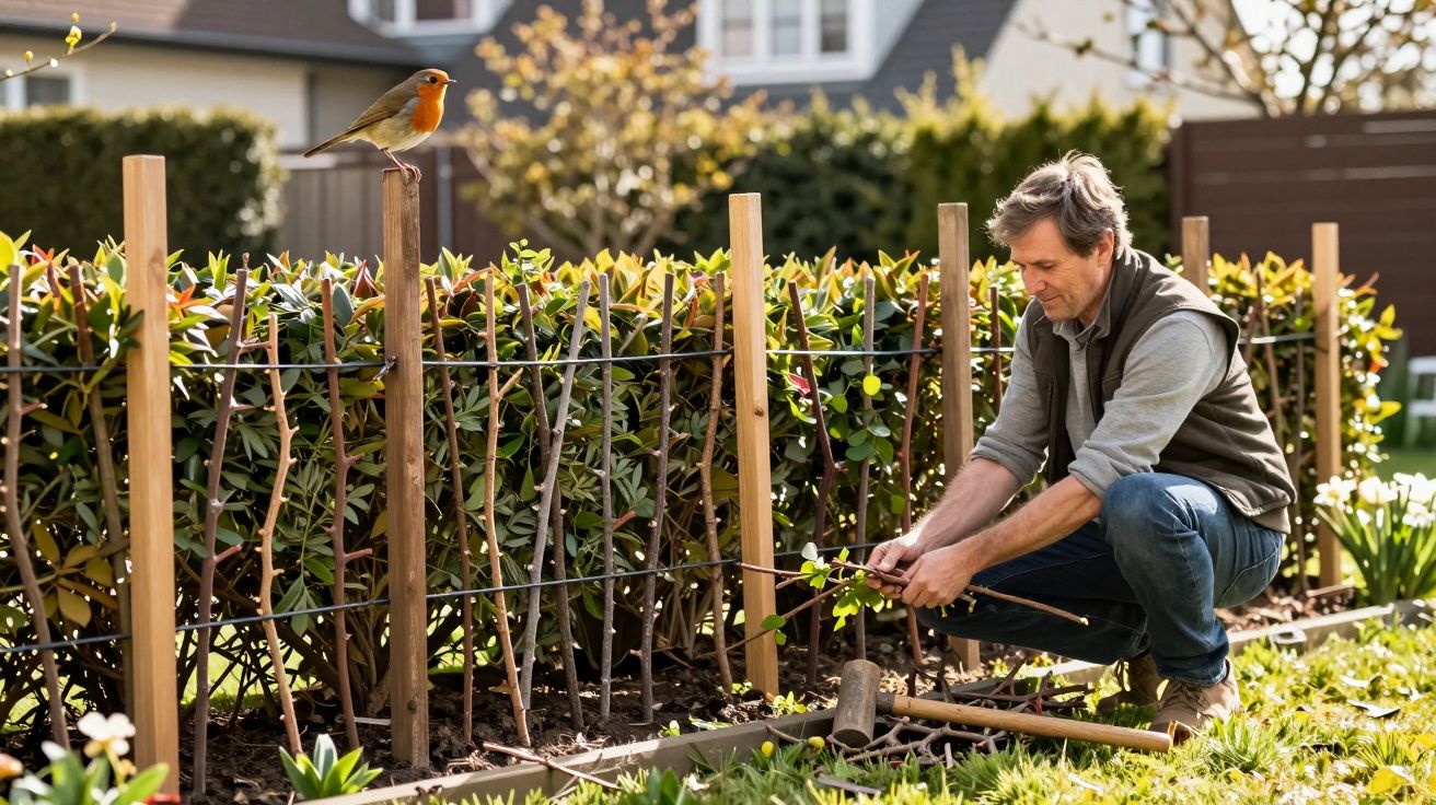 Man gardening with tools, tying branches near hedges, while a robin perches on a wooden post in a sunny garden.